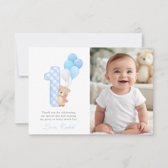 Beary First Teddy Bear Boy Birthday Party guest  Thank You Card (Front)