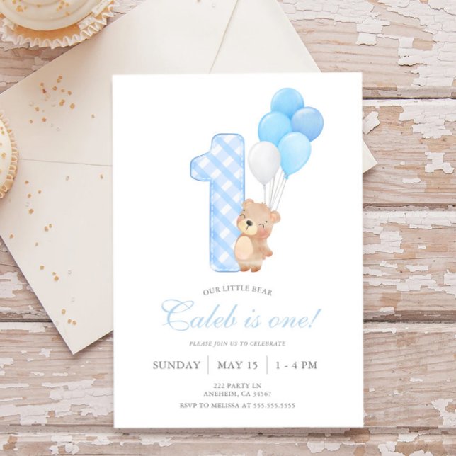 Beary First Teddy Bear Boy Birthday Party Invitation (Creator Uploaded)