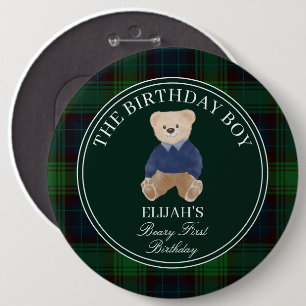 Beary first teddy bear green plaid birthday party 6 inch round button
