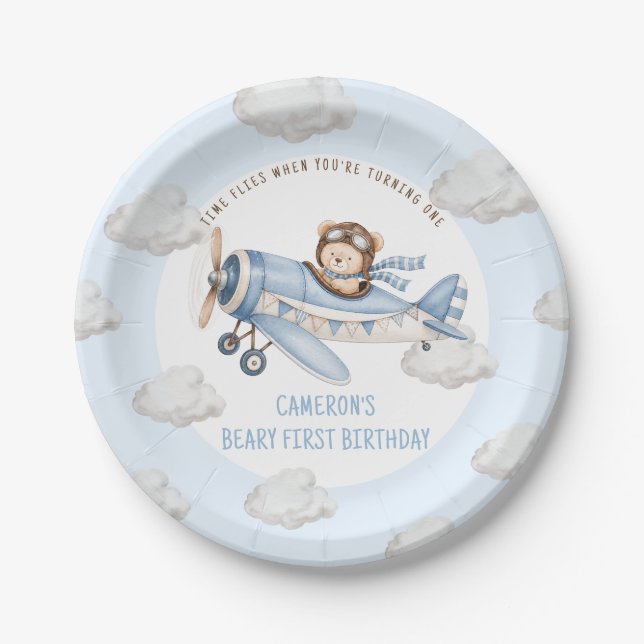 Beary First Teddy Bear Plane Birthday Paper Plate (Front)