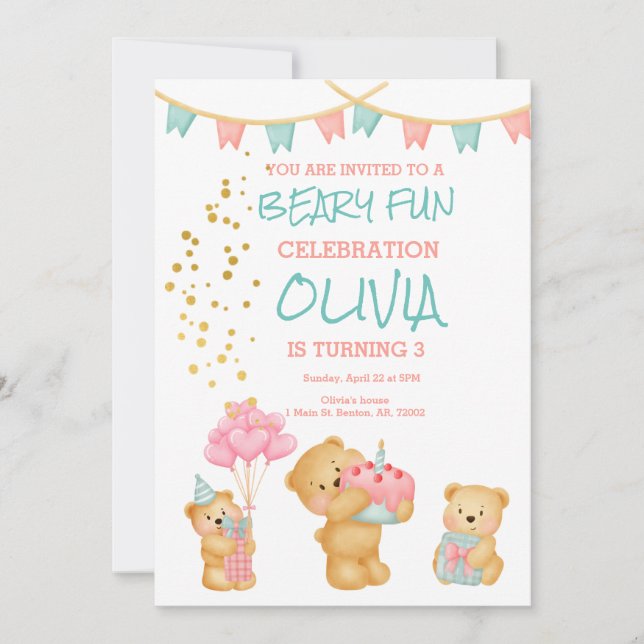 Beary fun birthday with cake, bears, pink, teal invitation (Front)