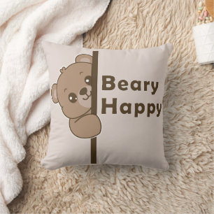 Beary Happy Cute Peeking Bear Doodle Kawaii Art Throw Pillow