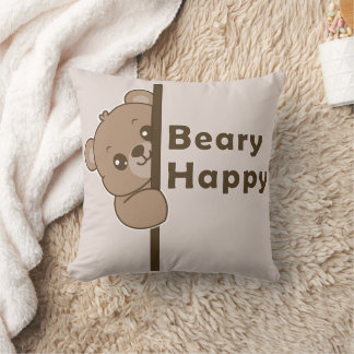 Beary Happy Cute Peeking Bear Doodle Kawaii Art Throw Pillow