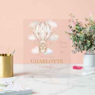 Beary  Hot Air Balloon 1st Birthday Invitation Acrylic Sign