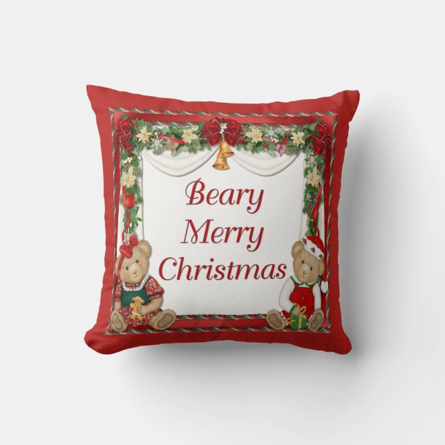Beary Merry Christmas Throw Pillow (Front)