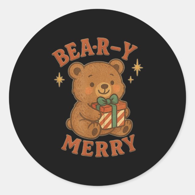 Beary Merry Cute Retro Christmas Bear Gift Box Vin Classic Round Sticker (Front)
