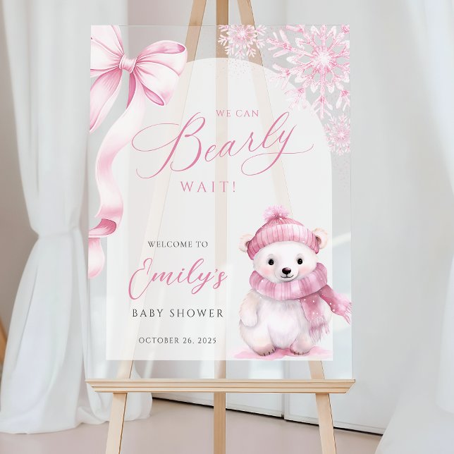Beary Pink Winter Baby Shower Acrylic Welcome Sign (Creator Uploaded)