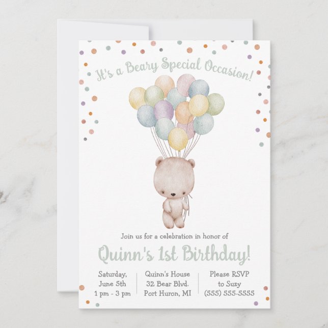 Beary Special Bear with Balloons Birthday Party Invitation (Front)