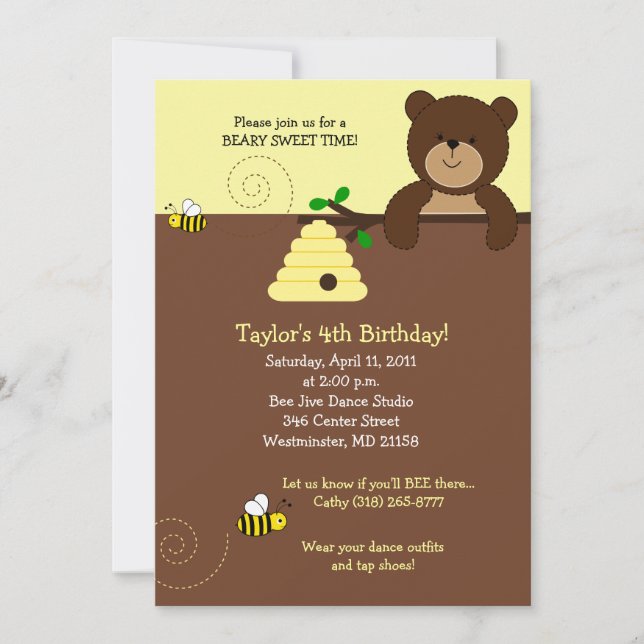 Beary Sweet Bear & Bee 5x7 Birthday Invitation (Front)