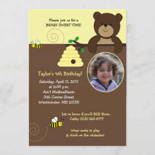 Beary Sweet Bear & Bee 5x7 Birthday Invitation