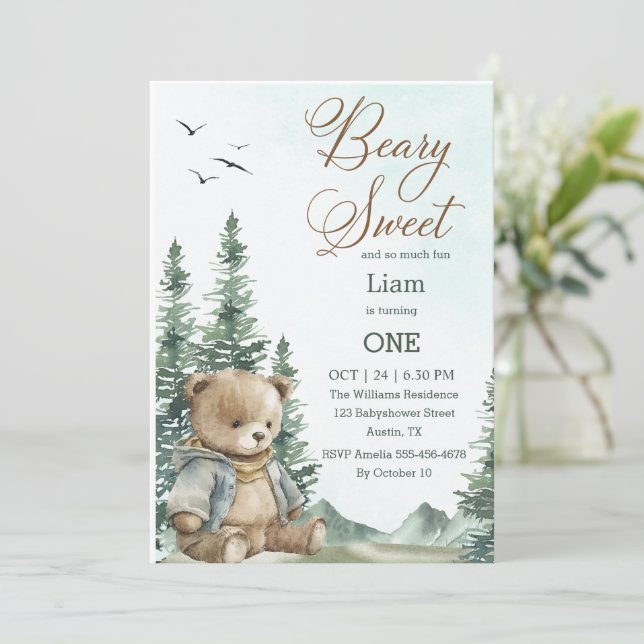 Beary Sweet First Birthday Invitation | Pastel  (Standing Front)