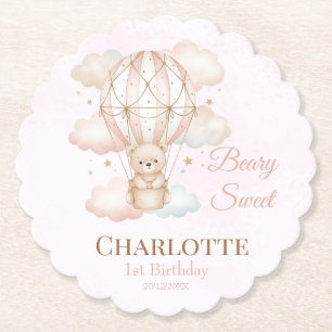 Beary Sweet Hot Air Balloon 1st Birthday Paper Coaster
