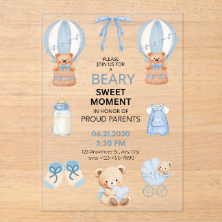 BEARY SWEET MOMENT BOY ACRYLIC 5X7 BABY SHOWER INVITATIONS
