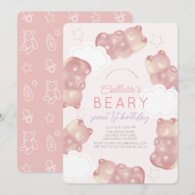 Beary Wait Pink Gummy Bear Girl 1st Birthday Invitation (Front/Back)