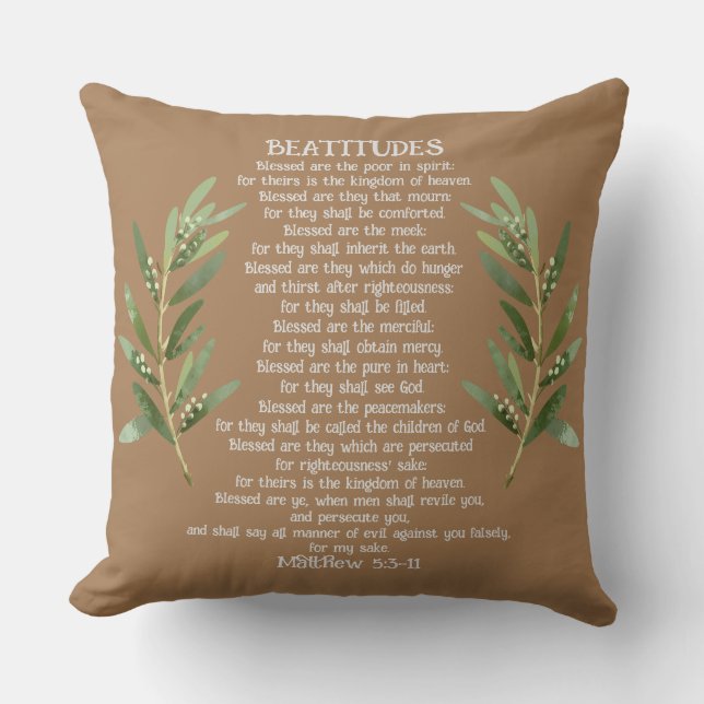 Beatitudes & Olive Branches Matthew 5:3-11 Throw Pillow (Front)