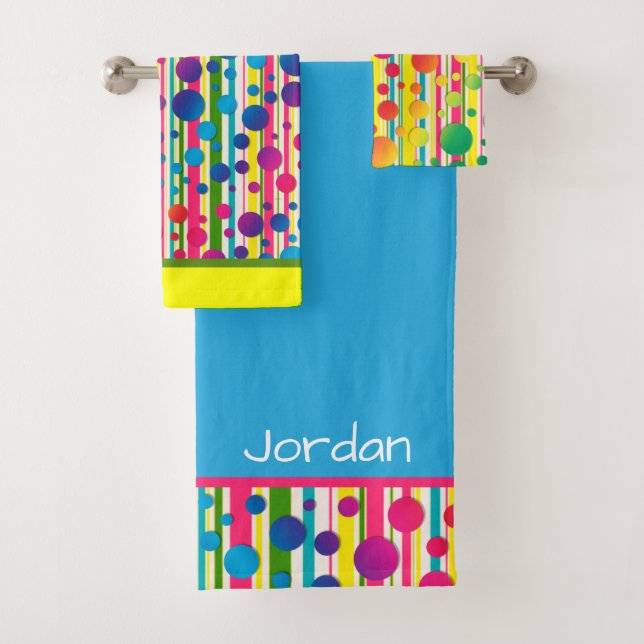 [Beatnik Bubbles] Retro Polka Dot Stripe Rainbow 1 Bath Towel Set (Insitu)