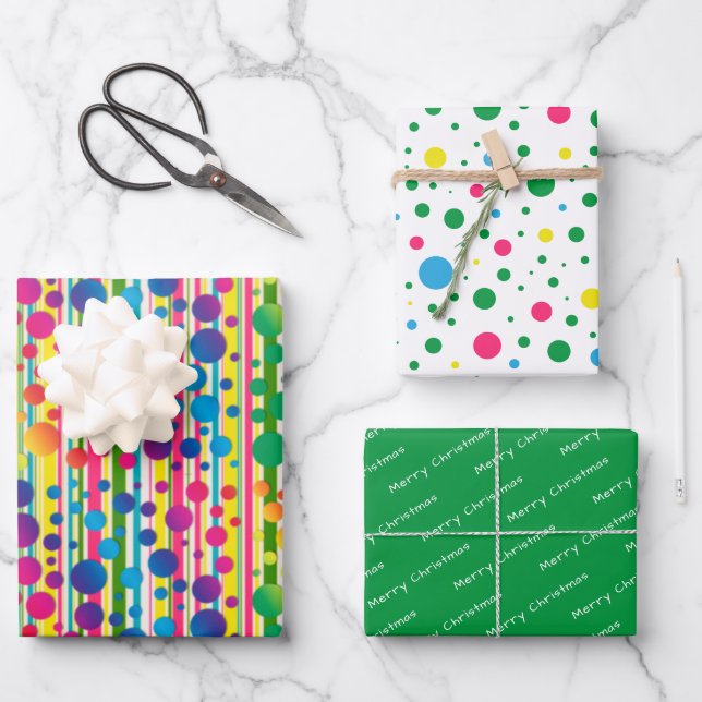 [Beatnik Bubbles] Retro Polka Dot Striped Green Wrapping Paper Sheet (Front)