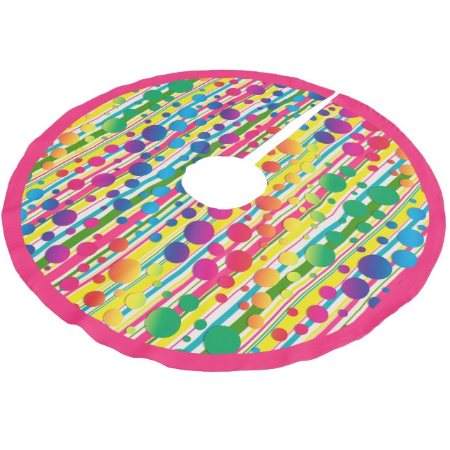 [Beatnik Bubbles] Retro Polka Dot Striped Pink Brushed Polyester Tree Skirt (Angled)