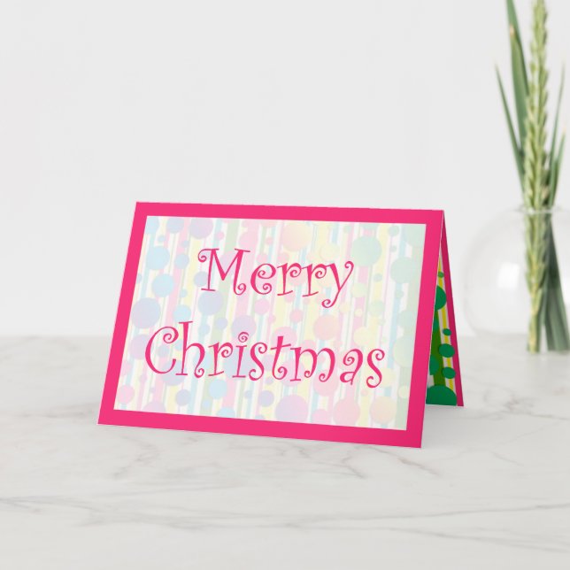 [Beatnik Bubbles] Retro Polka Dot Striped Pink Holiday Card (Front)