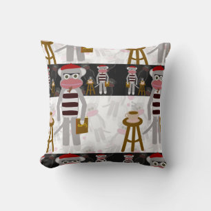 Beatnik Sock Monkey Poetry Party Fun Cartoon Art Throw Pillow