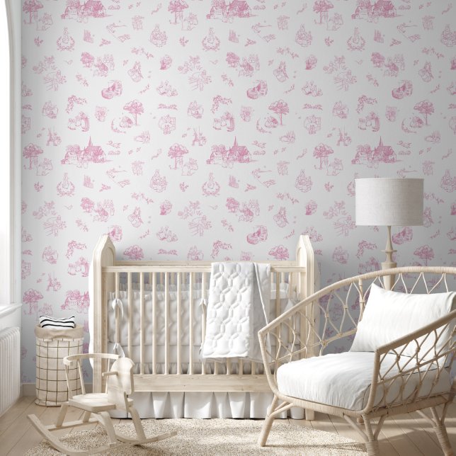Beatrix Peter the Rabbit Toile Chinoiserie Pink Wallpaper (Kids)