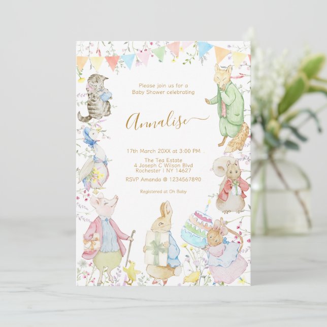Beatrix Peter the Rabbit Woodland Baby Shower Invitation (Standing Front)
