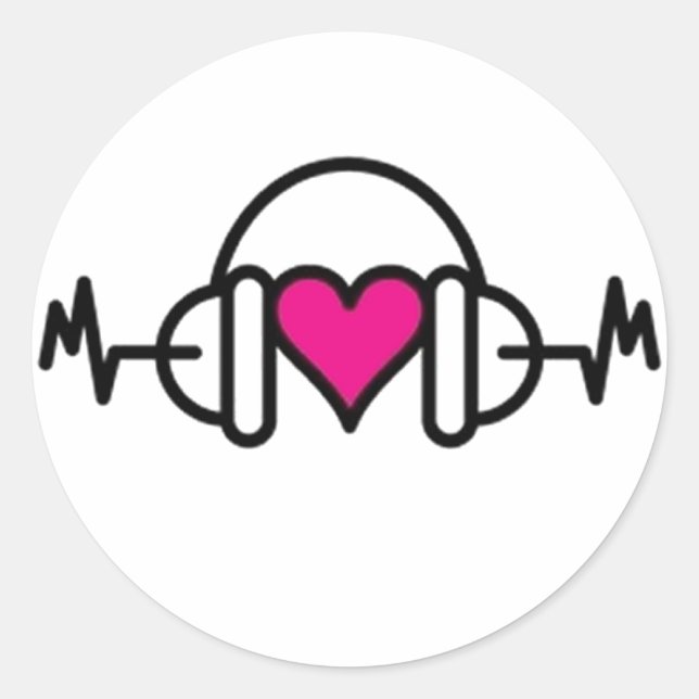 Beats of Love | Pink heart with pulse & headphone Classic Round Sticker (Front)