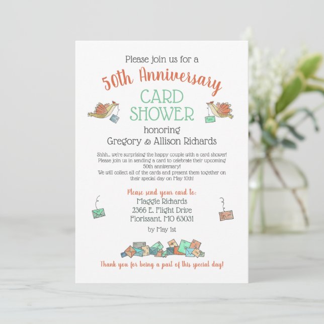 Beau 50e Anniversaire Carte Oiseaux Douche (Debout devant)