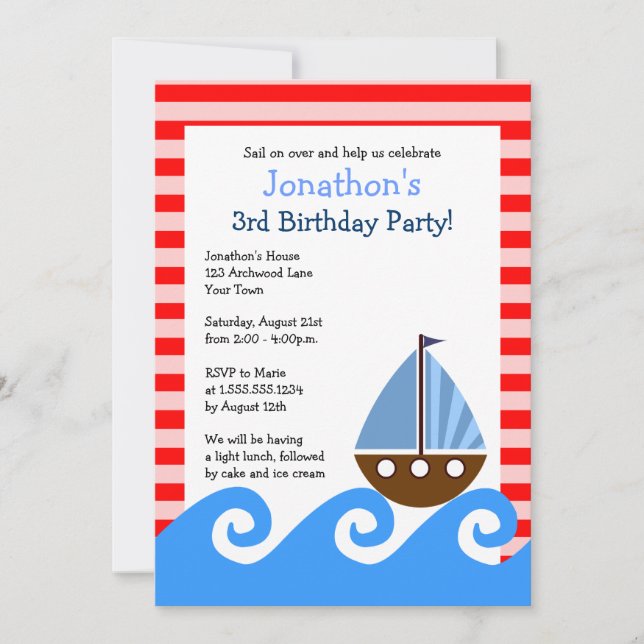 Beau bateau à voile Invitation d'anniversaire roug (Devant)