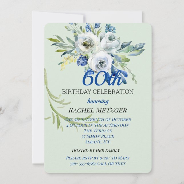 Beau Bleu Et Monnaie Florale Invitation Anniversai (Devant)