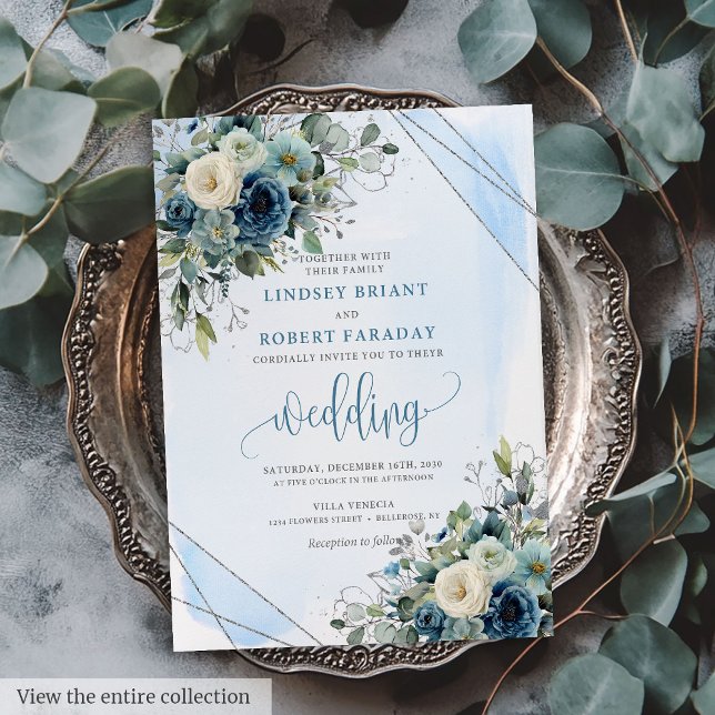 Beau Bleu foncé Roses Faire-part de mariage (Lovely Dark Blue Silver Roses Wedding Invitation)