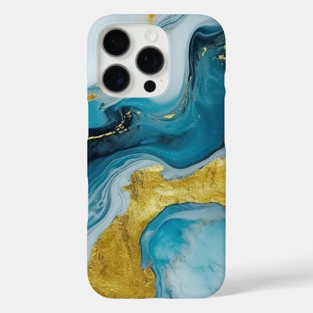 Beau Blue Gold Swirl iPhone 16 Pro Coque (Verso)