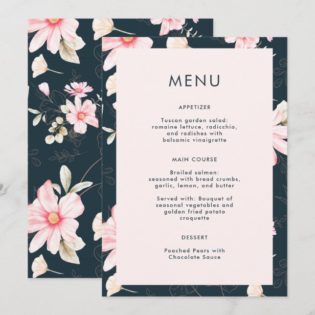 Beau Blush Floral Blue Mariage Menu (Devant / Derrière)
