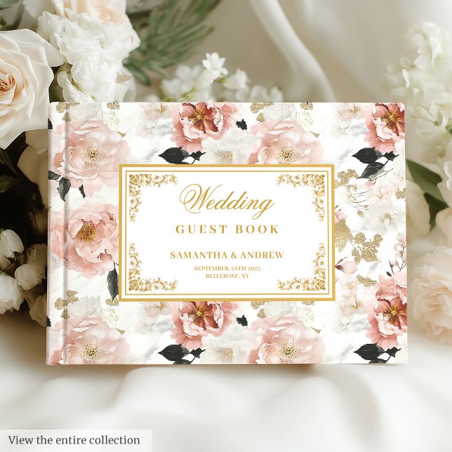 Beau bouho rose or fleuri mariage livre d'hôtes (Beautiful boho rose gold floral wedding guest book)