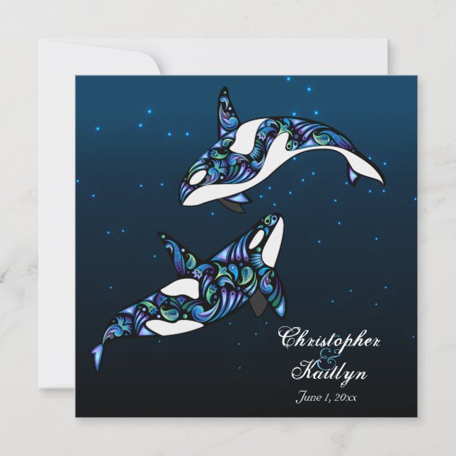 Beau Faire-part de mariage Orca Whales (Devant)