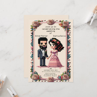 Beau Faire-part de mariage Pixel Art