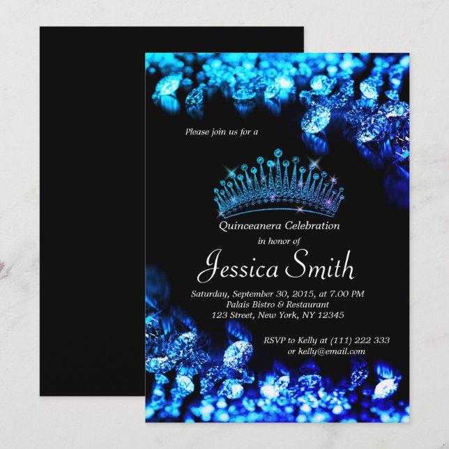 Beau Invitation royal de Diamant bleu Quinceañera (Devant / Derrière)