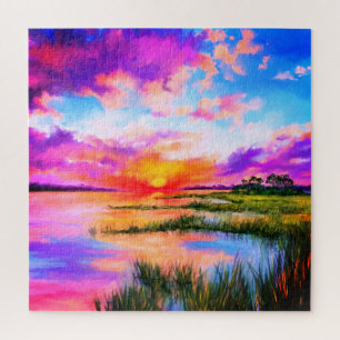 Beau Lac Sunset paysage paysage de paysage Puzzle