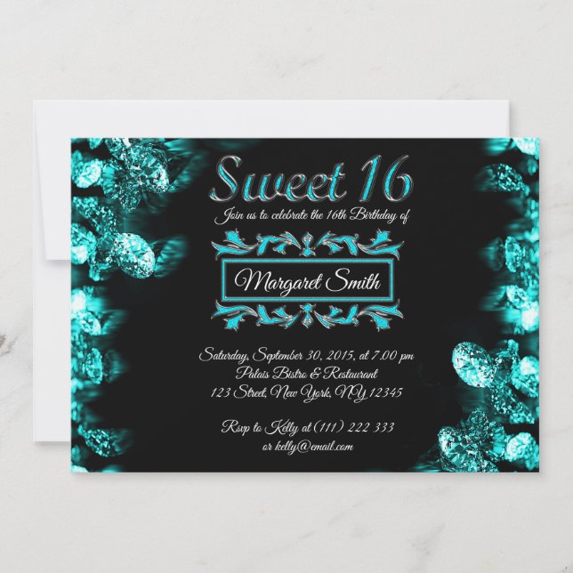 Beau noir Turquoise Diamants doux 16 Invitation (Devant)