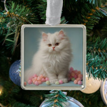 Beau Ornement de Chat Fluffy Blanc