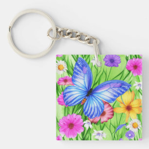 Beau Papillon Bleu avec fleurs Aquarelle