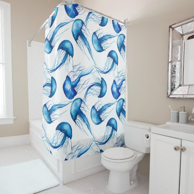 Beau rideau en douche bleu de méduses d'aquarelle (En situation)