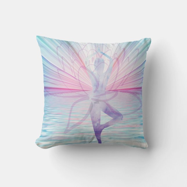 Beau rose et bleu Vrikshasana Yoga Coussin (Recto)