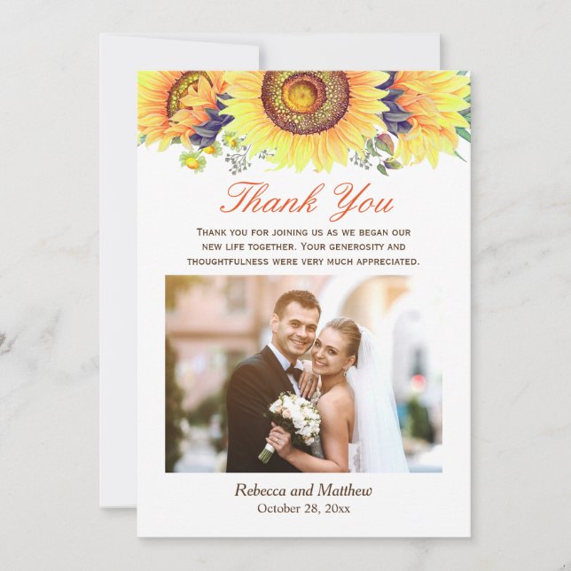 Beau tournesol Rustique Mariage photo Merci (Devant)