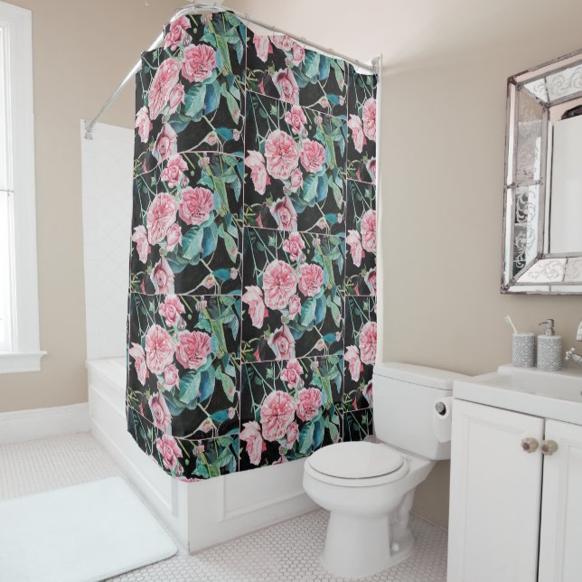 Beau vieux rose roses rideau de douche (En situation)