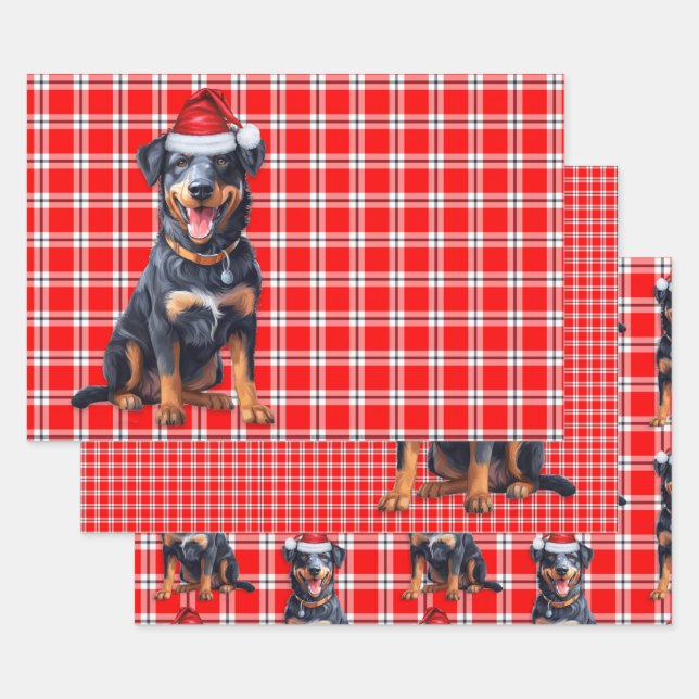 Beauceron Christmas Dog Red Holiday Plaid Wrapping Paper Sheet (Set)