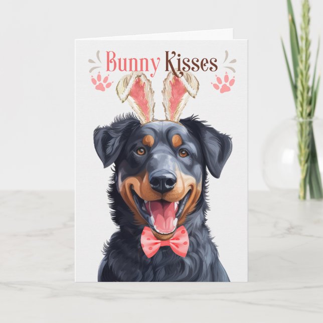 Beauceron Dog in Bunny Ears for Easter Holiday Card (Front)