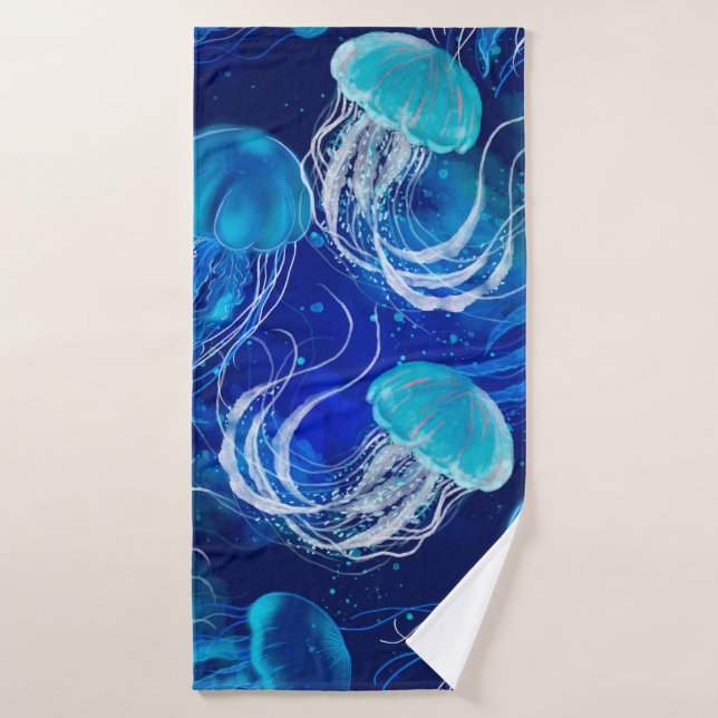 Beaucoup de méduses bleues nageant sous l'eau. Sea (Serviette de bain)