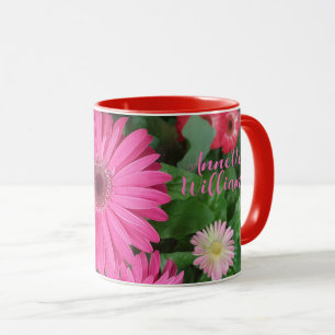 BEAUITFUL PINK RED GERBERA FLOWERS FLORAL AND NAME MUG
