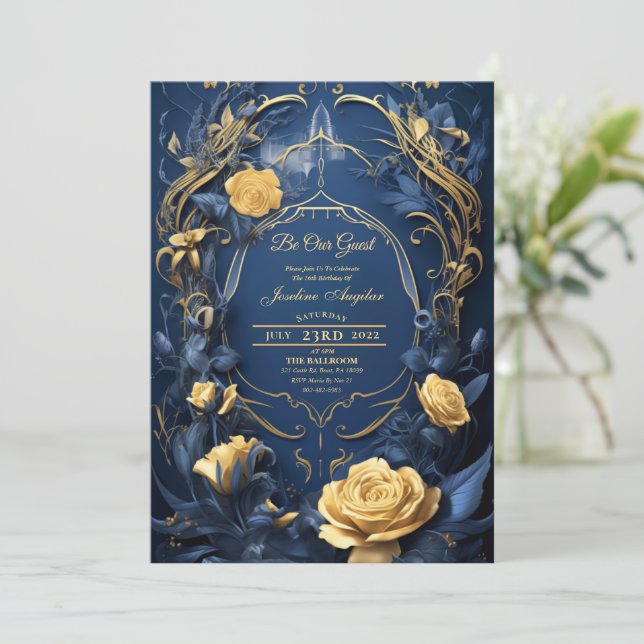 Beauté et la Bête Or Rose Sweet 16 Invitation (Debout devant)